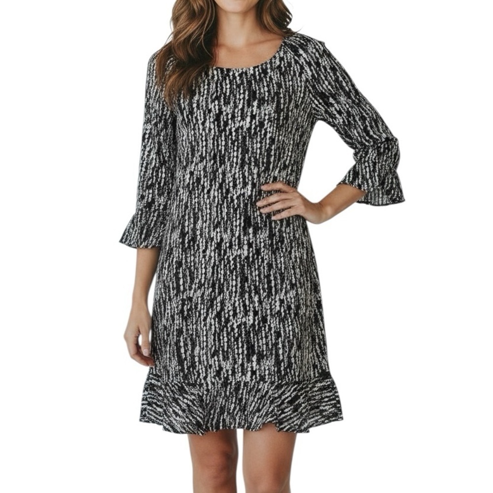 NWT VELVET GRAHAM & SPENCER Black Motif 3/4 Sleeve Ruffle Hem Dress Size Small